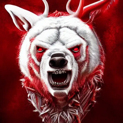 Image similar to a red and white bear with horns, stunning artwork, artstation, hyper - detailed digital art, fear, anguish, menacing,