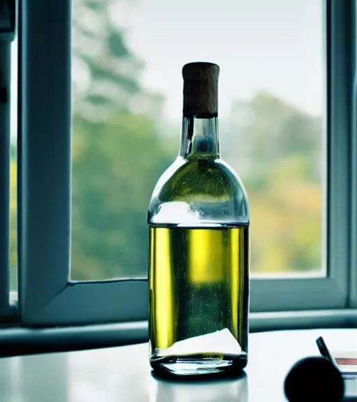 Image similar to a 4 k photorealistic photo of a bottle on a desk infront of a window. good reflections.