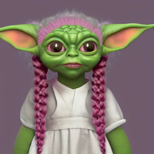 Prompt: baby girl yoda with long curly pink hair on top of her head between the ears, wearing a dress, 8 k resolution, highly detailed, photo realistic