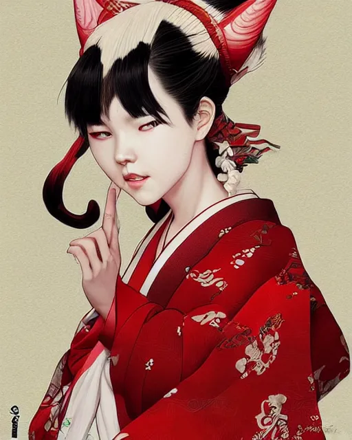 Image similar to Ssunbuki as a kitsune wearing a red and white kimono, portrait, visualartzi, korean, concept art by Karla Ortiz, James Paick, Charlie Bowater, Krenz Cushart, highly detailed, ultra detailed, ultra realistic, trending on artstation, cgstudio