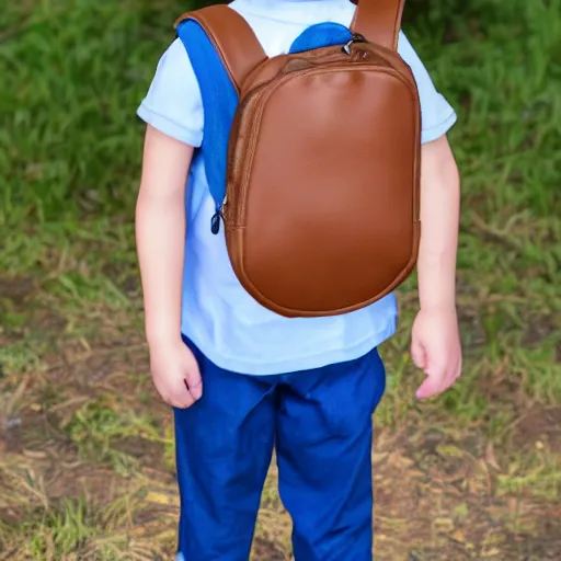 Prompt: kid character. egg shaped head. wide eyes. narrow nose. brown short hair. light skin. frackles.small ears. blue shirt with pocket. brown pants. carrying school bag.