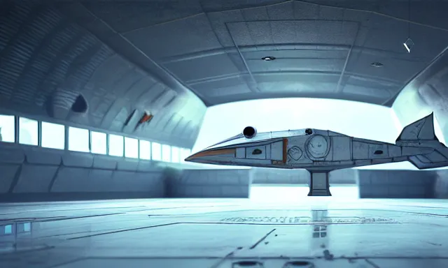 Prompt: octane render, high quality, unreal engine 5, spaceship in hangar