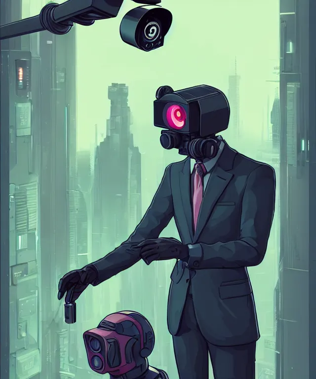 Image similar to a portrait of an anthropomorphic surveillance camera wearing a suit, cyberpunk!, fantasy, elegant, digital painting, artstation, concept art, matte, sharp focus, illustration, art by josan gonzalez