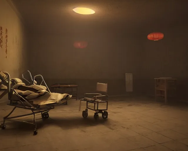 Image similar to artstation scifi scene of an old chinese ward, a bouquet of light on the ground business card, ceiling fan, wheelchair, crutches, beds, dust, paneled walls, unreal engine 5, hyper realism, realistic shading, cinematic composition, blender render, octane render, hdr, detailed textures, photorealistic, wide shot
