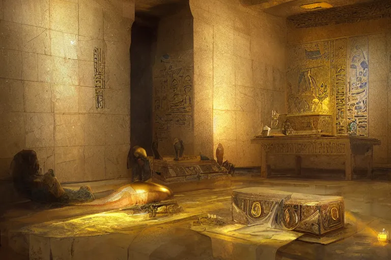 Image similar to egyptian tomb interior shiney gold and obsidian, beautiful painting, david roberts, greg rutkowski, james gurney, artstation.