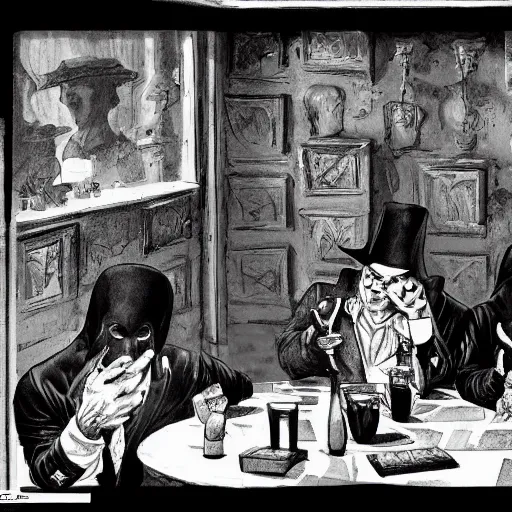 Prompt: black and white blotchy illustration of dark figures plotting a heist in a roman cafe, by brom, frazetta, zabrocki, ultra wide angle, trending on artstation, rule of thirds w 1 0 2 4