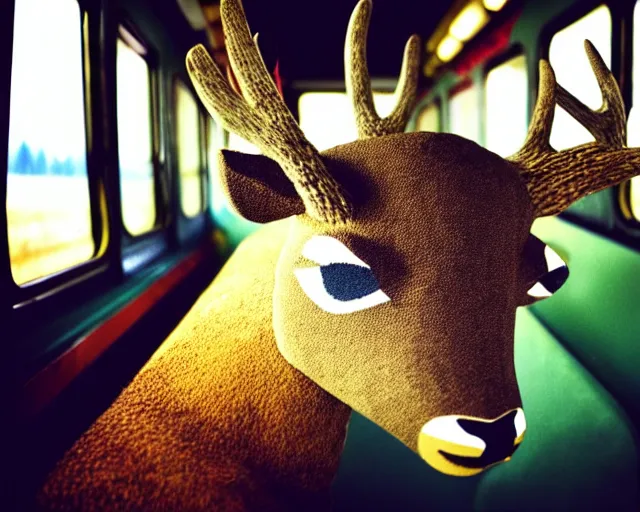 Prompt: a lomography photo of rumble between two human with deer head in soviet train this morning, bokeh,