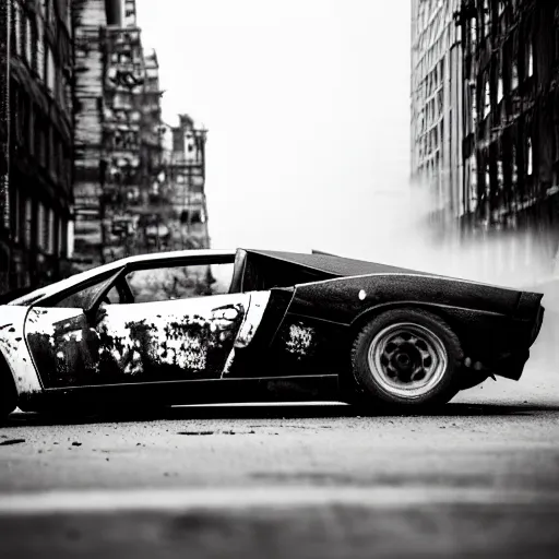 Image similar to black and white press photograph of a rusted abandoned lamborghini on a busy street, detailed, natural light, mist, film grain, soft vignette, sigma 5 0 mm f / 1. 4 1 / 1 0 sec shutter, imax 7 0 mm footage