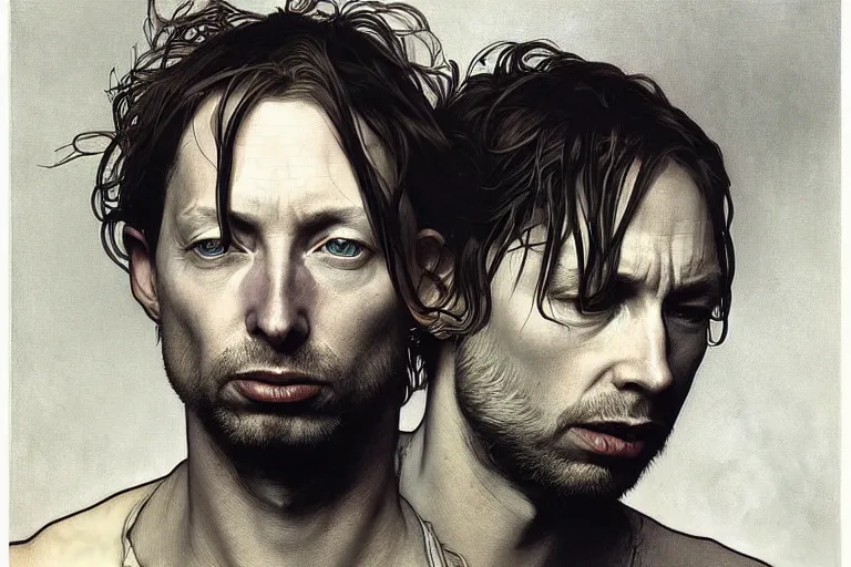 Prompt: hyper realistic portrait of thom ( yorke ) singer songwriter, side, liminal space, by lee bermejo, alphonse mucha and greg rutkowski