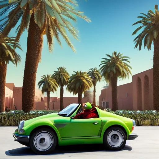 Prompt: side photo of a kermit the frog driving a mercedes in marrakech, morocco, palm trees, 8 k, octane render, hyperdetailed, illustration, digital painting, oil painting