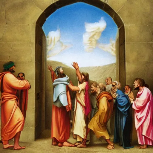 Image similar to photo of the jewish messiah welcoming the redeemed at the gates of heaven