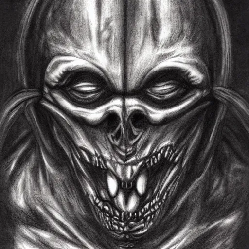 Image similar to a gigantic cyclope as drawn by giger using charcoals