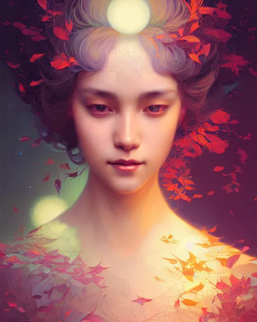 Prompt: harmony of the spheres, fractal leaves, beautiful deva, ( beauty portrait ) by wlop, james jean, victo ngai, beautifully lit, muted colors, highly detailed, artstation, fantasy art by craig mullins, thomas kinkade