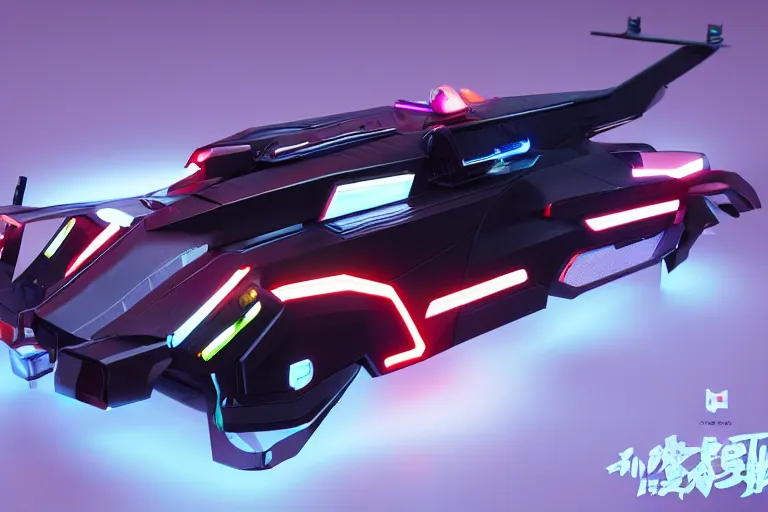 Prompt: full shot of a box - shaped sci - fi flying vehicle made from dark glass and plastic surfaces with kanji decals in the style of bladerunner 2 0 4 9, peugeot prestige, side neon lights, hard surface, studio lighting, octane render, light background