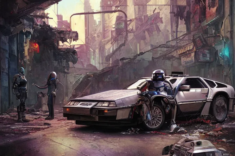 Image similar to photograph of the mandalorian entering a delorean driving down the streets of a cyberpunk abandoned city, back to the future, by greg rutkowski, by stanley artgerm, by alphonse mucha