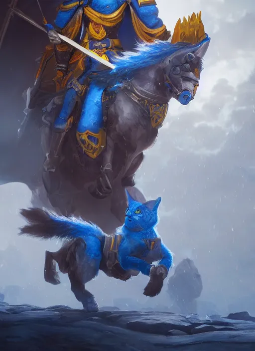 Image similar to An epic fantasy painting of a cat knight with Ukrainian blue and yellow flag, unreal engine, DAZ, hyperrealistic, octane render, cosplay, RPG portrait, dynamic lighting, trending on ArtStation