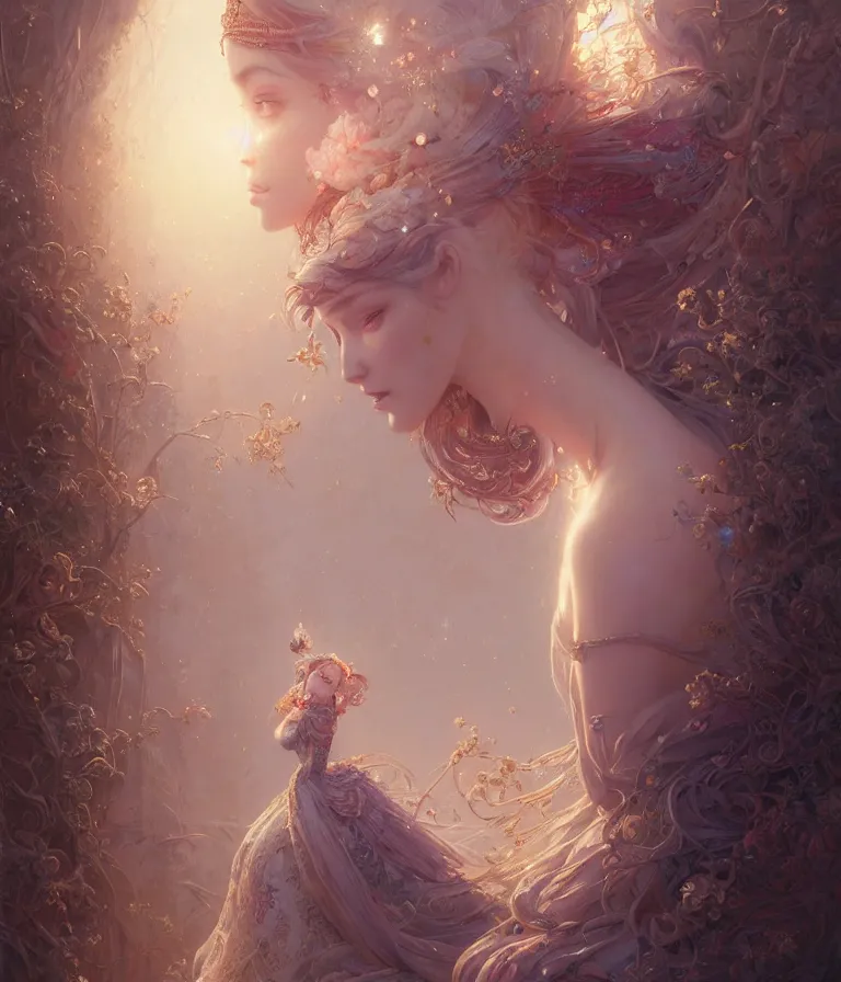 Image similar to highly detailed portrait of beautiful ethereal woman in ornate clothing, stephen bliss, unreal engine, fantasy art by greg rutkowski, loish, rhads, ferdinand knab, makoto shinkai and lois van baarle, ilya kuvshinov, rossdraws, tom bagshaw, global illumination, radiant light, detailed and intricate environment