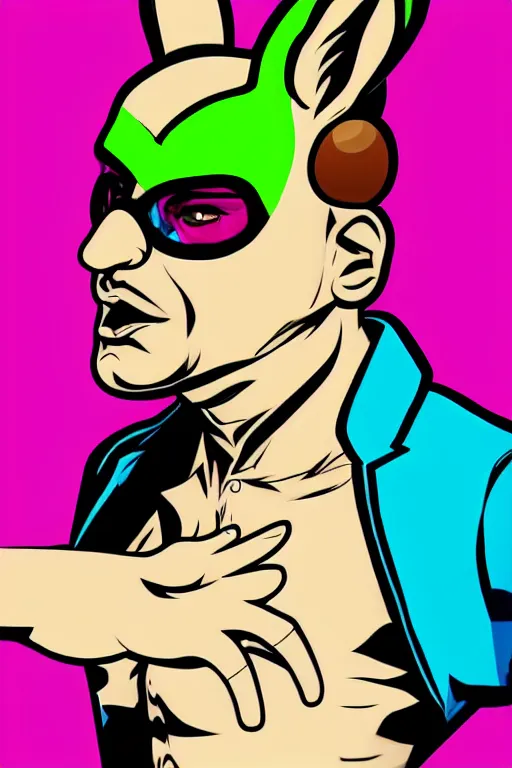 Prompt: man wearing an blouses with a bunny mask with one ear cut off. pop art, pixel, gta vice city art style, face features, body features, ultra realistic details, digital painting, concept art, smooth, sharp focus, illustration, intecrate details, elegant, confident posse, art by mark millar and richard hamilton and mimmo rottela