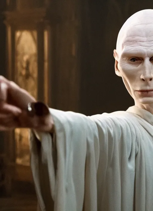 Image similar to film still of tilda swinton as voldemort in harry potter, 4 k