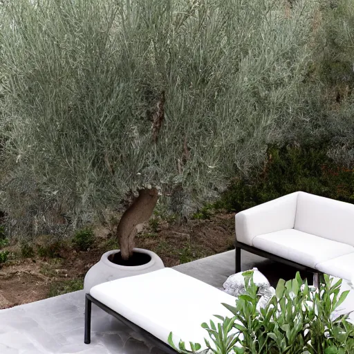 Image similar to large concrete pot on the rooftop, olive trees, comfortable for seating