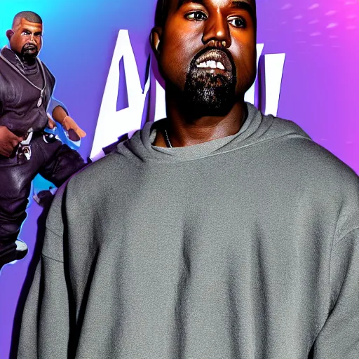 Prompt: kanye west in fortnite lobby 3 d avatar skin