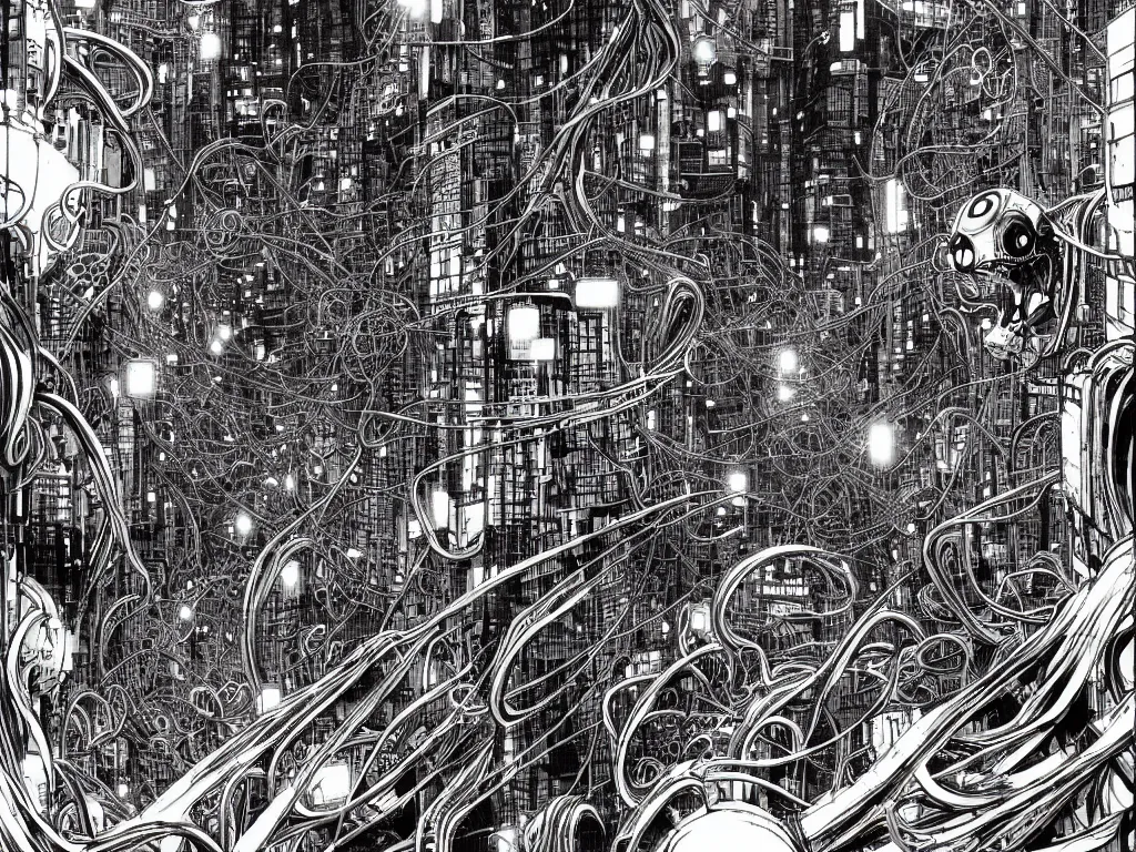 Image similar to cyborg monsters with tentacles and wires in detailed huge cybernetic mega city with wires in space, by nihei tsutomu