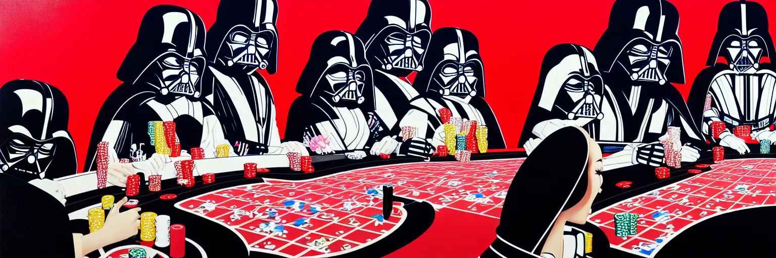 Image similar to hyperrealism composition of the detailed woman in a japanese kimono sitting at an extremely detailed poker table with darth vader and stormtrooper, fireworks on the background, pop - art style, jacky tsai style, andy warhol style, acrylic on canvas