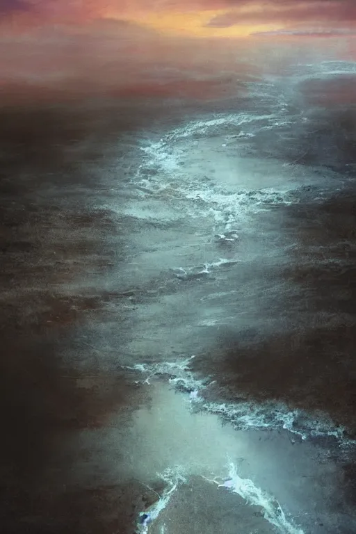 Image similar to muddy river leads to sea by hiroshi yoshida, marc simonetti, roger deakins, turner, rothko, hyperrealism, cinematic, rock plateau, dramatic stormy scene, synthwave sunset, matte painting, fluid simulation, tonalism, volumetric light, trending on artstation, cgsociety, high detail concept art, top view, rendered in octane