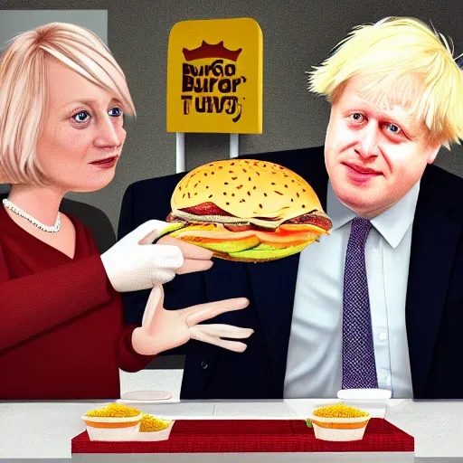 Image similar to boris johnson working at burger king serving liz truss a burger digital art