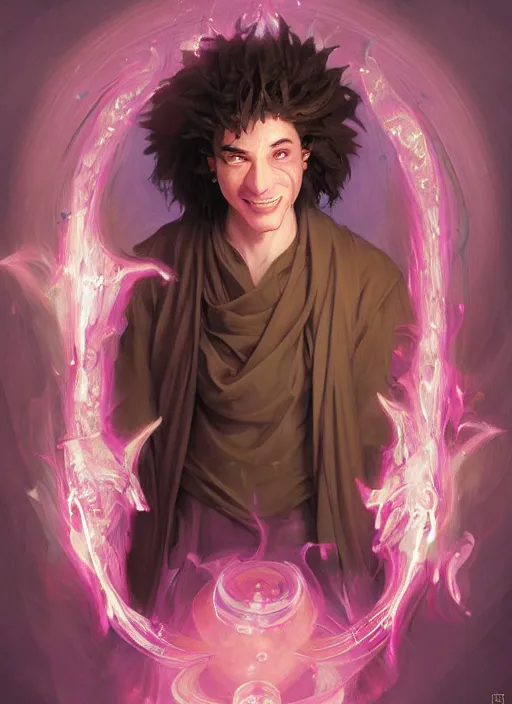 Prompt: character concept portrait of an attractive young laughing Spanish wizard with pink skin conjuring a love spell, a floating iridescent spell book in the center, intricate, elegant, digital painting, concept art, smooth, sharp focus, illustration, from Metal Gear, by Ruan Jia and Mandy Jurgens and William-Adolphe Bouguereau, Artgerm