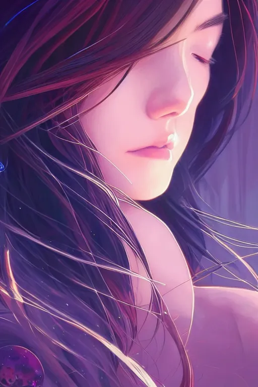 Prompt: a beautiful girl with long dark hair, going through a portal between worlds, intricate, highly detailed, digital painting, artstation, official media, anime key visual, concept art, rich vivid colors, ambient lighting, sharp focus, illustration, art by Artgerm, Makoto Shinkai, Ilya Kuvshinov, Lois Van Baarle, and Rossdraws