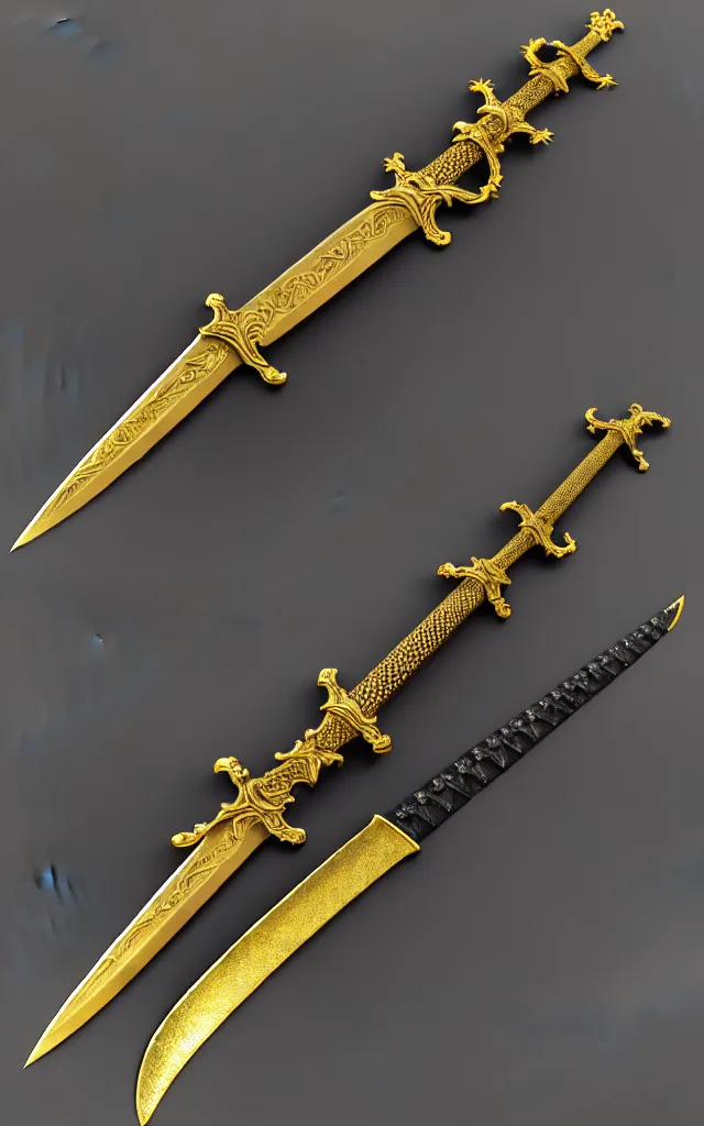 Image similar to very large detailed long sword, proportional image, clean background, 3 d octane render, blade, sharp, gold, gems,