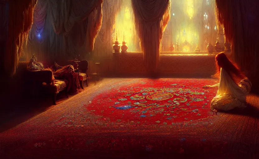 Image similar to magic fluffy Persian carpet dimension, by Greg Rutkowski and Gaston Bussiere, dim lighting, beautiful volumetric-lighting-style atmosphere, surreal atmosphere, intricate, detailed, photorealistic imagery, artstation