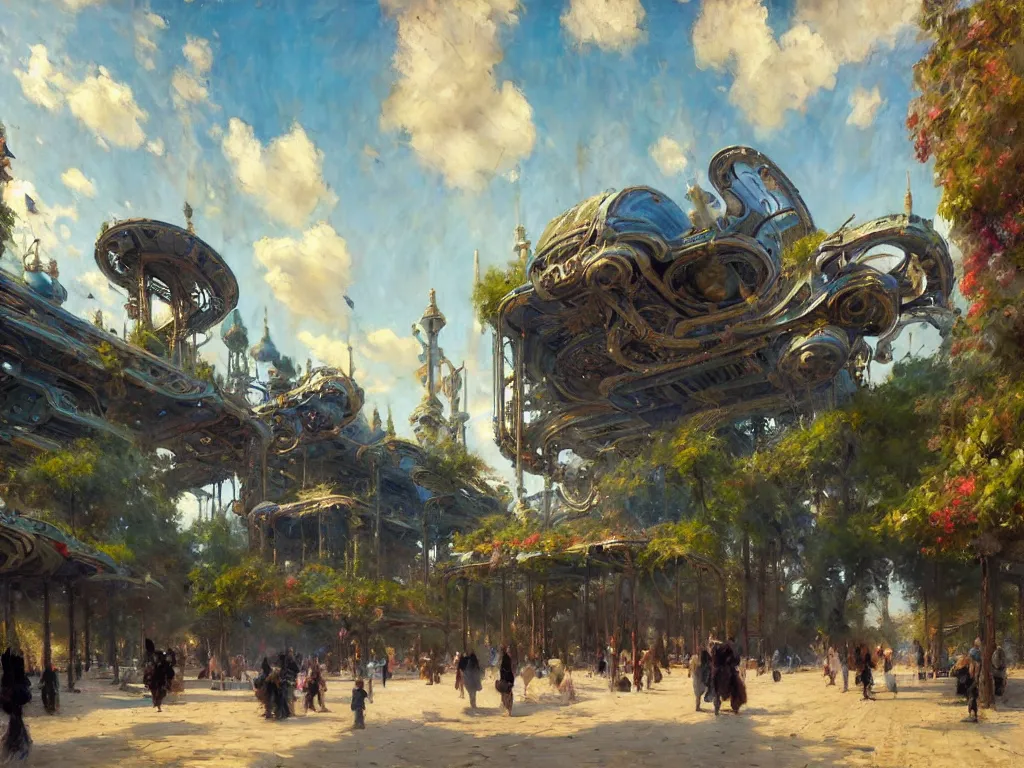 Image similar to impressionist brushstrokes!!!! solomon joseph solomon and richard schmid and jeremy lipking victorian loose genre loose painting of a busy elaborate ornate outdoor sci - fi park, cinematic, shadows, partly cloudy day, 4 k, detailed, by zaha hadid and beeple