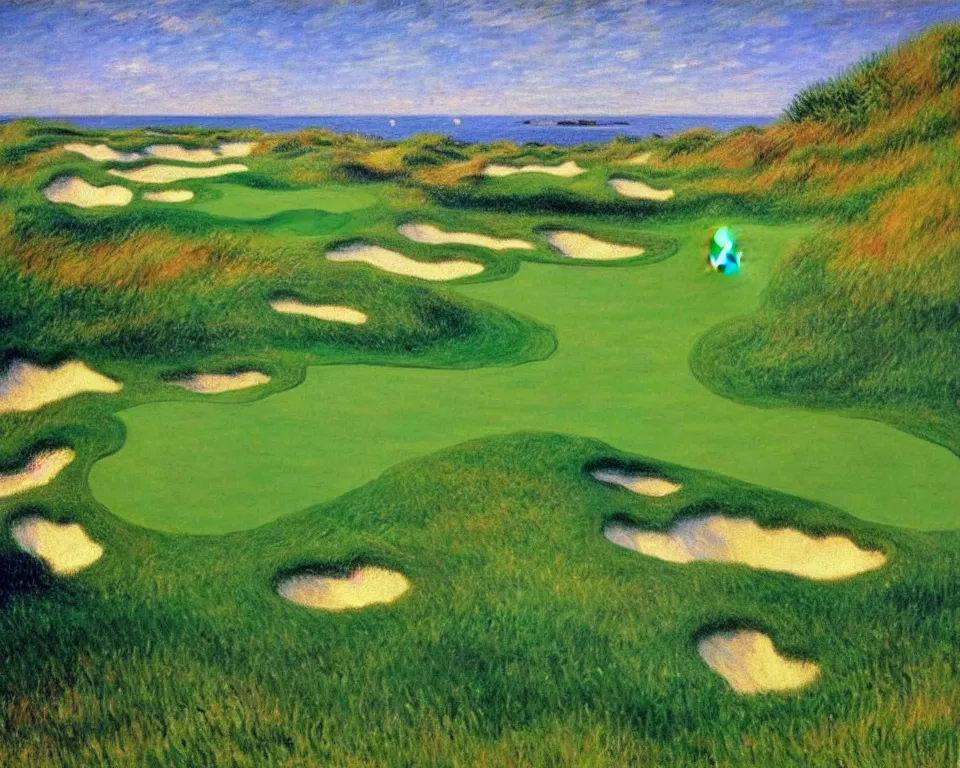 Image similar to achingly beautiful painting of bandon dunes golf course by rene magritte, monet, and turner.