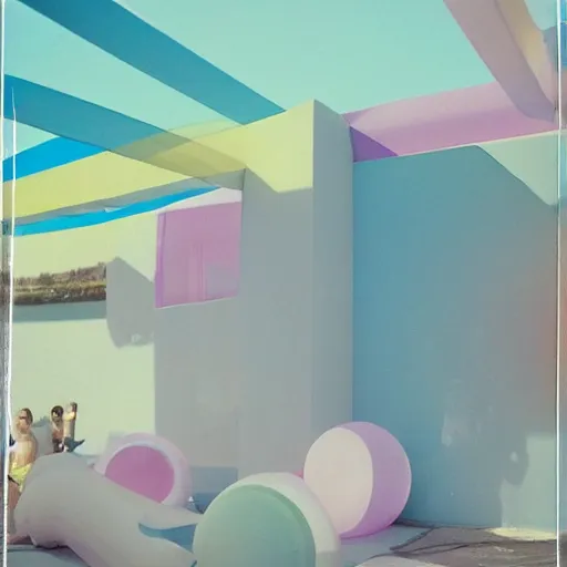 Prompt: a pastel colour high fidelity wide angle Polaroid art photo from a holiday album at a seaside with abstract inflatable rubber furniture, all objects made of transparent iridescent Perspex and metallic silver, iridescence, nostalgic