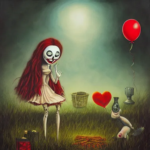 Image similar to grunge painting of a picnic with a wide smile and a red balloon by chris leib, loony toons style, pennywise style, corpse bride style, horror theme, detailed, elegant, intricate, conceptual, volumetric light