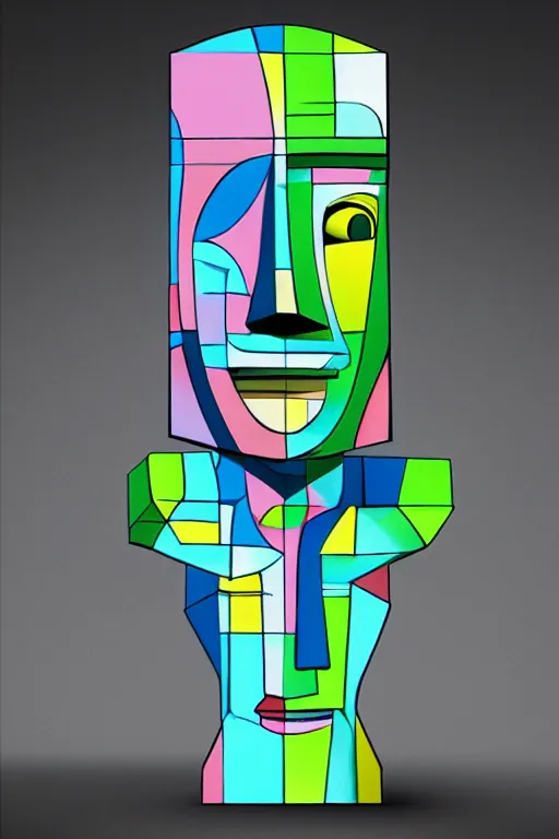 Image similar to cubist moai statue cutout digital illustration cartoon colorful beeple