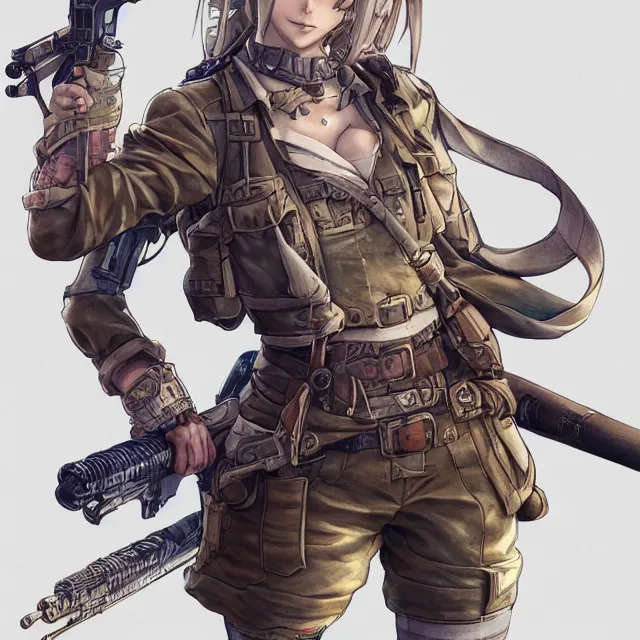 Image similar to the portrait of lawful neutral semi - colorful female infantry gunner as absurdly beautiful, gorgeous, elegant, young anime girl, an ultrafine hyperdetailed illustration by kim jung gi, irakli nadar, intricate linework, bright colors, octopath traveler, final fantasy, unreal engine 5 highly rendered, global illumination, radiant light, detailed and intricate environment