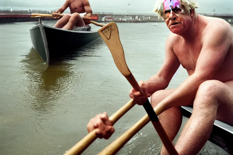 Image similar to closeup portrait of boris johnson rowing england with an oar, natural light, sharp, detailed face, magazine, press, photo, steve mccurry, david lazar, canon, nikon, focus