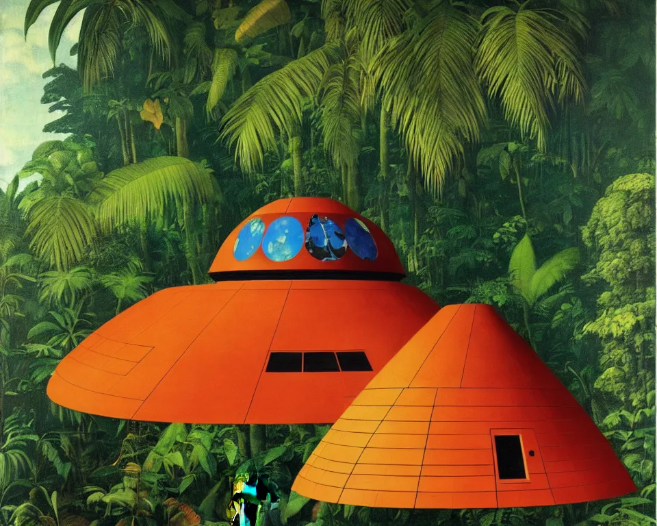 Prompt: an achingly beautiful print of an Apollo command module in the middle of a tropical rainforest by Raphael, Hopper, and Rene Magritte. detailed, romantic, enchanting, trending on artstation.