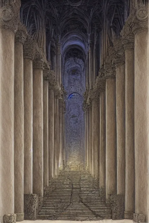 Image similar to Artwork by John Howe of the cinematic view of the Temple of Infernal Writings, Infernal Writing