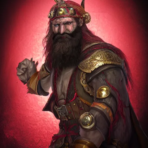 Image similar to dnd render of a man, red, a big black beard, completely golden eyes, 1 curved horn growing out of his forehead, one broken horn groing out of his forehead,