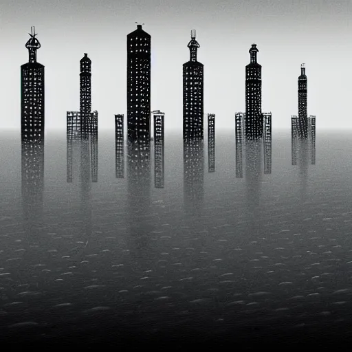 Image similar to 1 9 5 0 s city at the bottom of the ocean realistic dark towers, view from sea floor