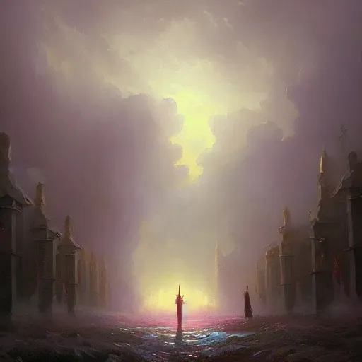 Image similar to a beautiful painting of a dark souls buildings by ivan aivazovsky and rhads and greg rutkowski and james gurney, in style of digital art, magic portal between two large pillars, mystic, energy beam, hyper detailed, sharp focus, soft light. octane render. ray tracing. trending on artstation