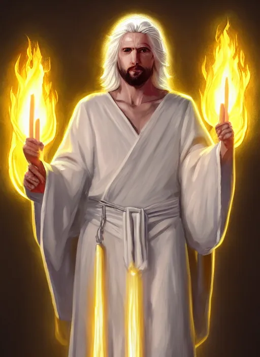 Prompt: « portrait of the white - haired jesus in a white robe and flaming yellow eyes, holding seven stars in right hand, grim - lighting, high - contrast, intricate, elegant, highly detailed, digital painting, artstation, concept art, smooth, sharp focus, illustration »
