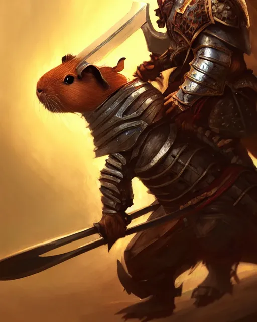 Prompt: Huge guinea pig warrior in armor holding a two-handed battle axe, portrait, woodlands, magic the gathering artwork, D&D, fantasy, cinematic lighting, centered, symmetrical, highly detailed, digital painting, artstation, concept art, smooth, sharp focus, illustration, volumetric lighting, epic Composition, 8k, art by Akihiko Yoshida and Greg Rutkowski and Craig Mullins, oil painting, cgsociety