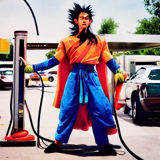 Image similar to candid photo of Cosmic Goku as a sorcerer at the gas station by Annie Leibowitz, photorealisitc, extremely detailed