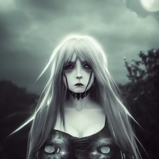 Image similar to full shot portrait of angry darkness anime girl at moonlight, gothic wearing, worrying eyes, inspired by Tim Burton, detailed, unreal engine 4k volumetric light, dense fog,