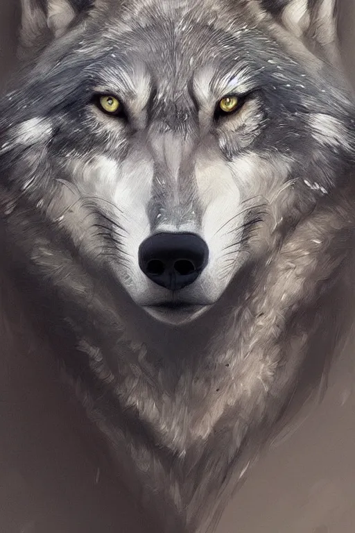 Image similar to portrait of a gray wolf, wolf face, intricate, elegant, highly detailed, digital painting, artstation, concept art, smooth, sharp focus, illustration, art by Krenz Cushart and Artem Demura and alphonse mucha